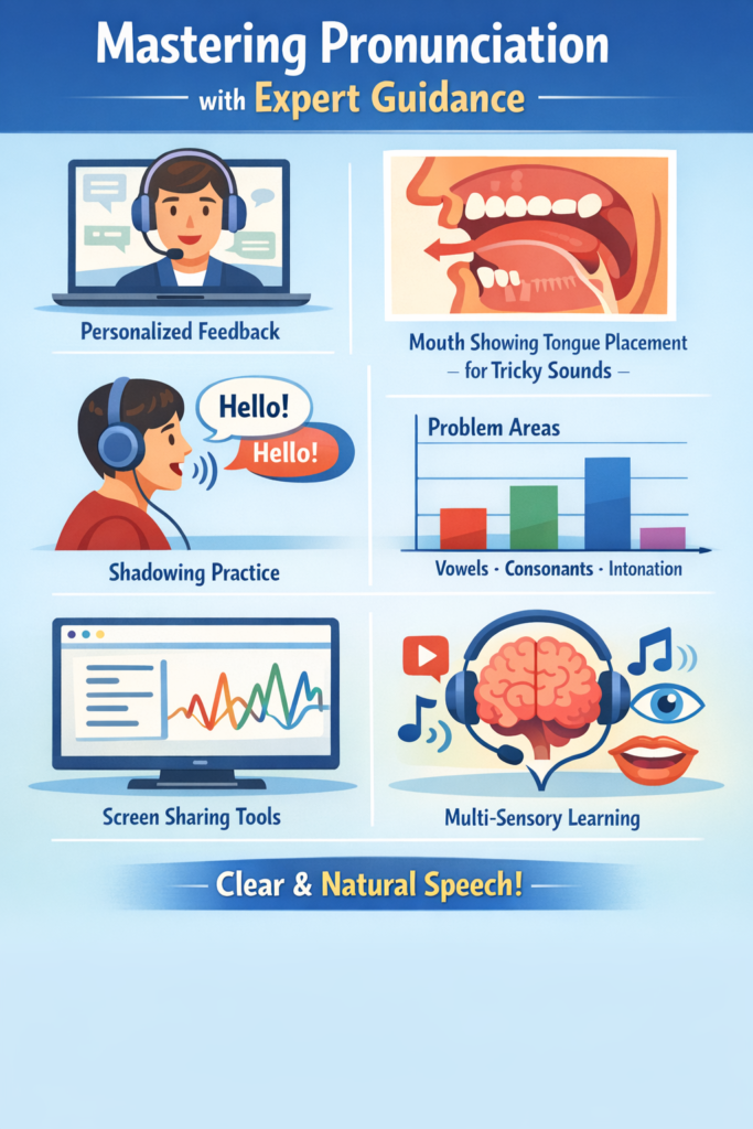 a tutor with headphones providing personalized feedback and Diagram showing mouth and tongue placement for tricky sounds