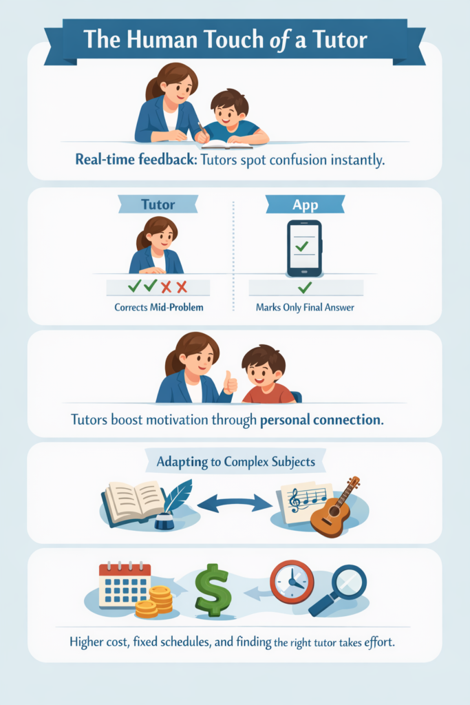 Comparing the benefits of private tutors and educational apps: real-time feedback, personalized approach, and adaptability.
