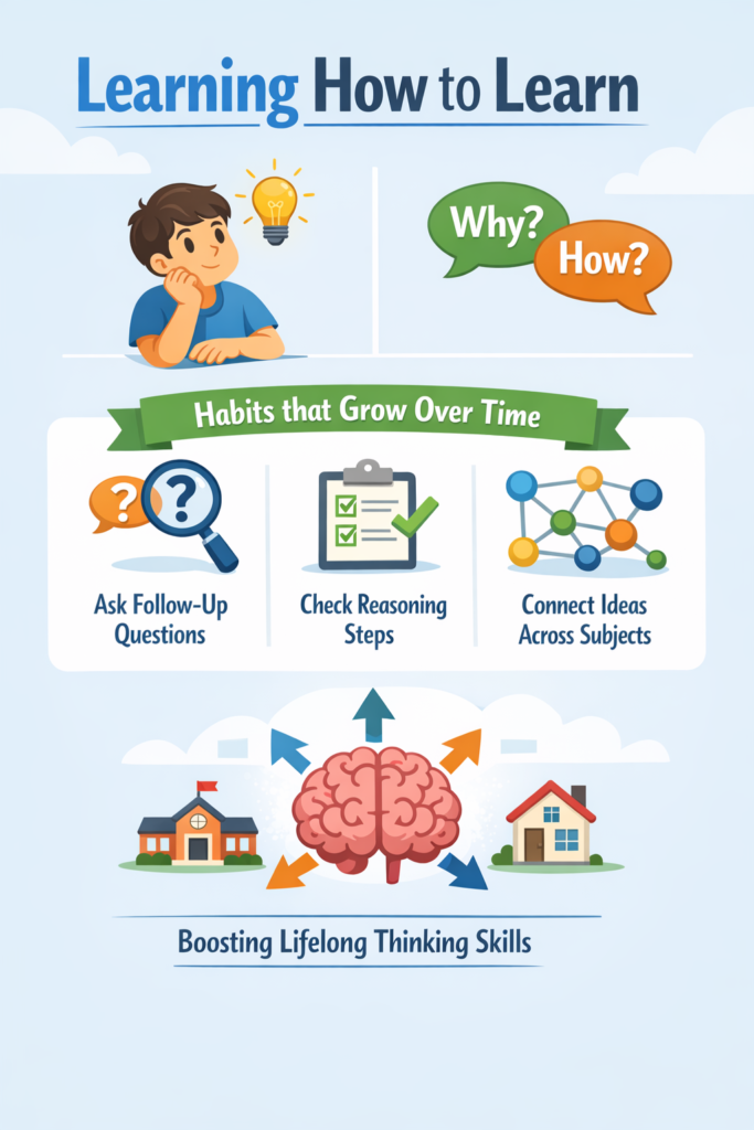 Vertical infographic titled “Learning How to Learn” shows a student shifting from right answers to understanding, guided by “why” and “how” questions, building habits that strengthen lifelong thinking.
