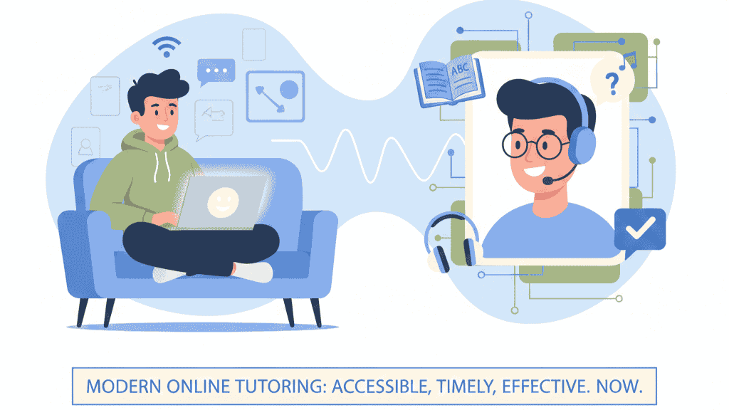 A learner and tutor connected by a simple video call interface line.