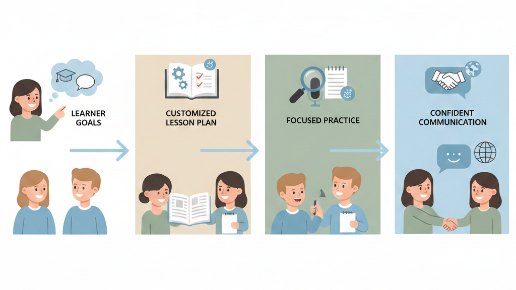 A simple step-by-step visual flow: learner goals → customized lesson plan → focused practice → confident communication.