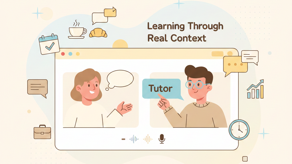 A learner in an online tutoring session discussing a real-life topic.