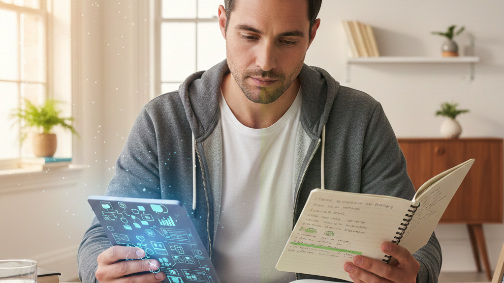 a student sitting at a desk, looking thoughtfully at a tablet in one hand and a notebook in the other.