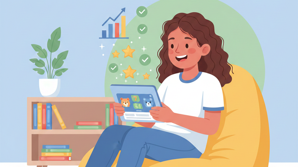 a student sitting on a bean bag, using a tablet with a colorful educational app.