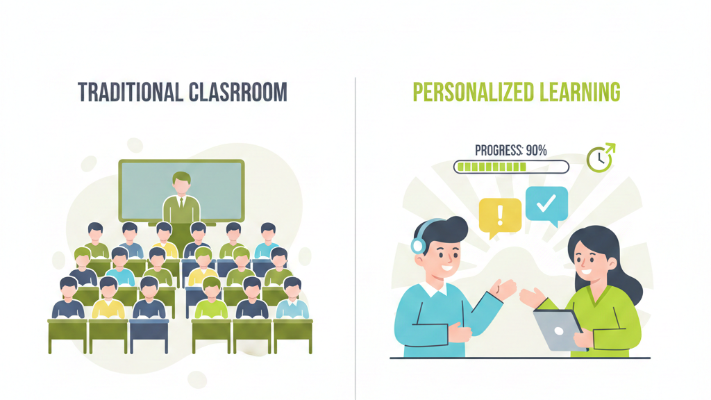 Side-by-side comparison layout, on one side, a crowded generic classroom on the other, a one-on-one learner and tutor.