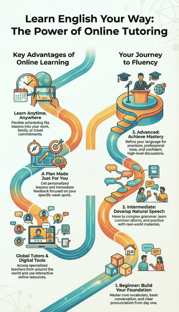 Infographic titled "Learn English Your Way" showing a winding path from beginner to advanced fluency.