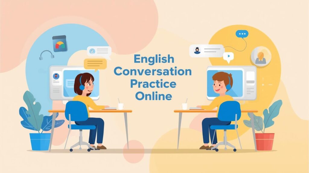 Colorful graphic with the text "English Conversation Practice Online" showing two people connected via video chat.