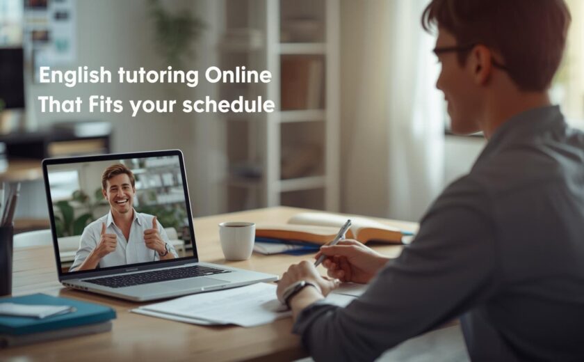 A man attending a 1-on-1 online English tutoring session on his laptop at home.