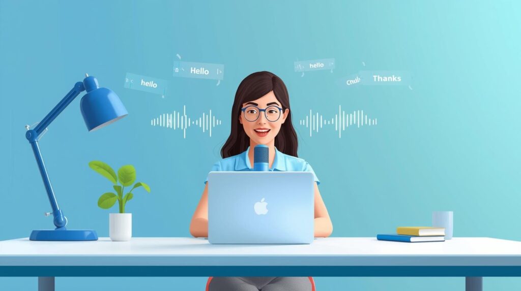 A digital illustration of a female tutor with a headset and laptop surrounded by floating "hello" speech bubbles.