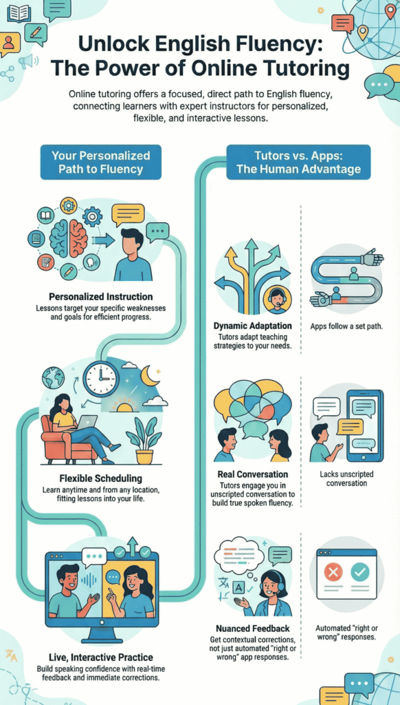 An infographic titled "Unlock English Fluency" comparing the personalized benefits of human tutors versus automated apps.