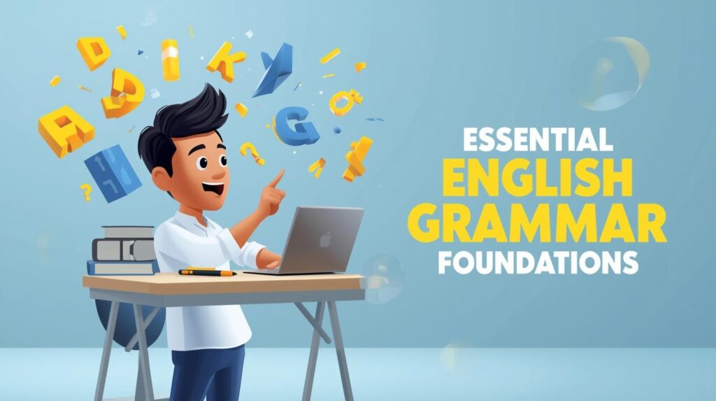 Cartoon of a happy student at a desk with floating alphabet letters and the text "Essential English Grammar Foundations."