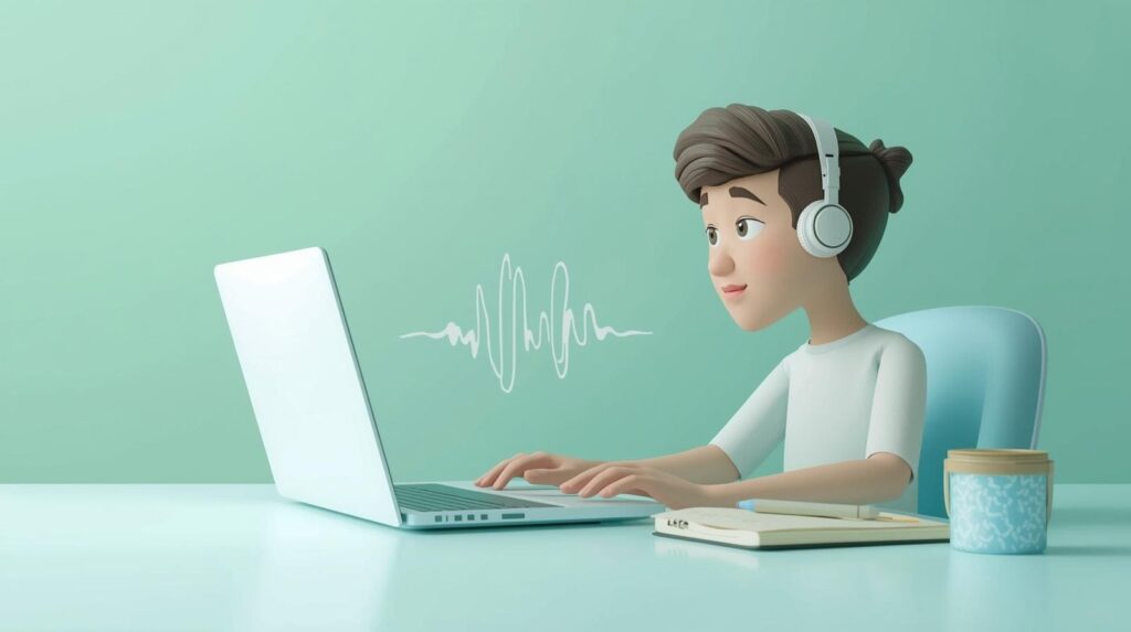 Illustration of a student focused on a digital screen, representing an online listening or speaking lesson.