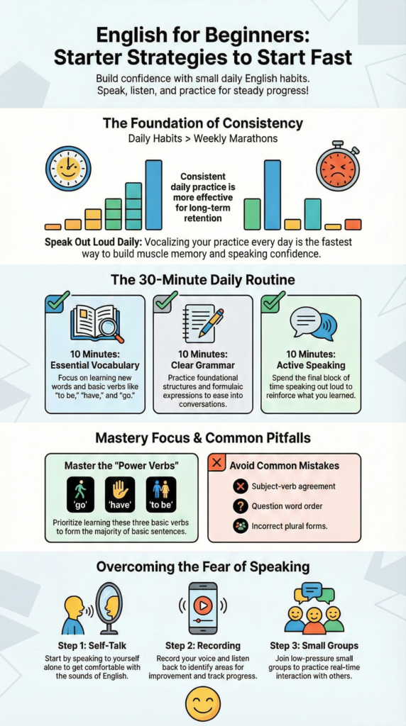 Infographic showing English for beginners (starter strategies) with daily practice tips and a simple 30-minute routine.