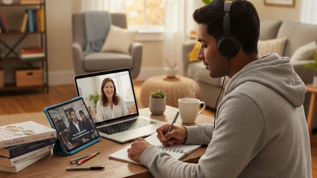 An English learner at home combining tutoring and immersion habits: laptop open with an online English tutor on screen