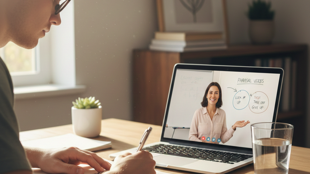 a focused learner during a live English lesson, taking notes while listening attentively to a teacher on a laptop screen.