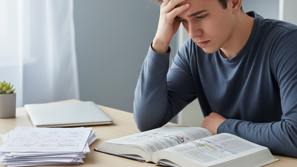 A student seated at a desk, staring at an open textbook with a confused expression