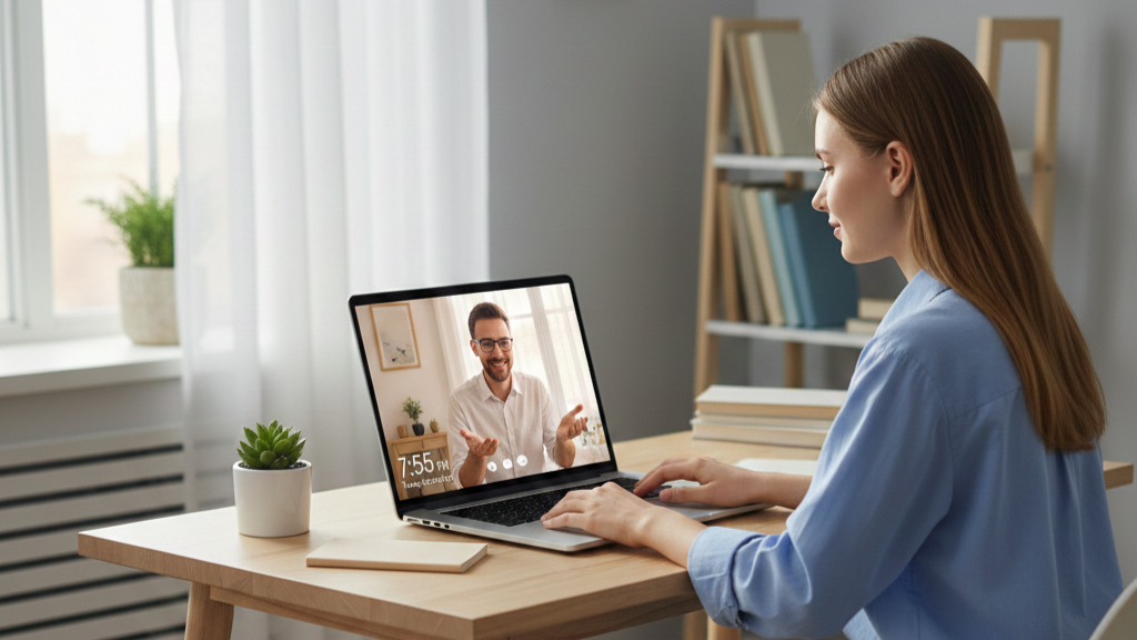 A student sitting at a desk with a laptop, participating in an online tutoring session.