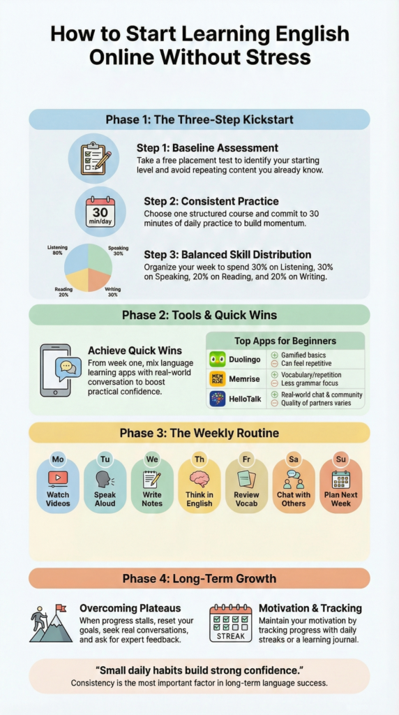 How to start learning english online infographic showing steps, tools, and weekly study routine