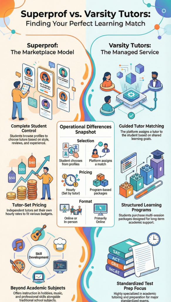 Comparison of Superprof's marketplace model and Varsity Tutors' managed service approach to private tutoring