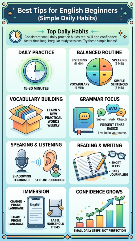 Best tips for English beginners shown in a simple daily habits infographic for language learning