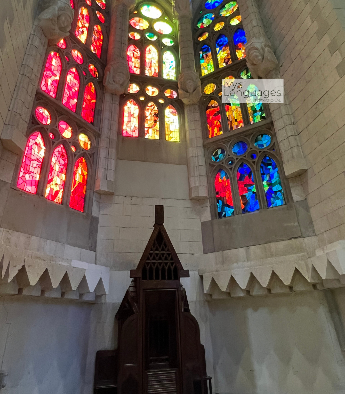 How to start learning english online concept with vibrant stained glass patterns in a peaceful indoor setting