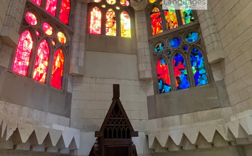 How to start learning english online concept with vibrant stained glass patterns in a peaceful indoor setting