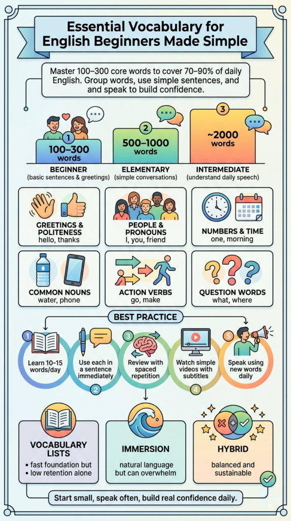 Essential vocabulary for English beginners infographic showing word levels and daily learning tips