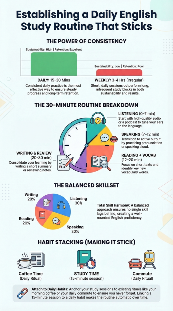 Establishing a daily English study routine using balanced skills and short daily sessions