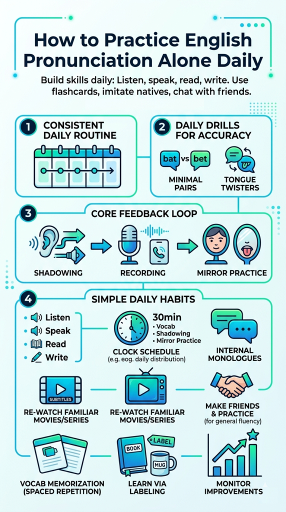 How to practice English pronunciation alone infographic with daily routines and speaking drills