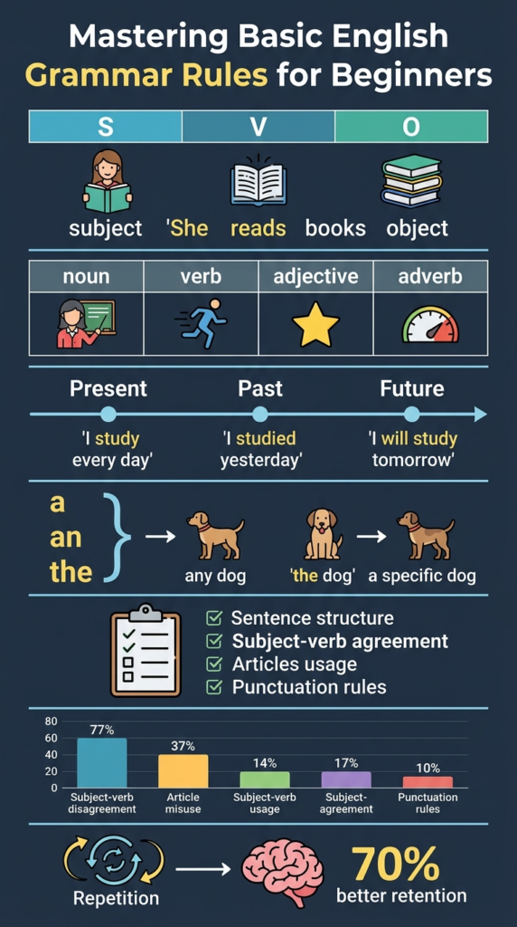Mastering basic English grammar rules infographic showing sentence structure and verb tenses