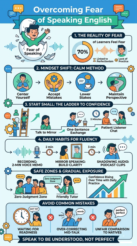 Overcoming Fear of Speaking English infographic showing mindset shifts, daily habits, and gradual practice steps