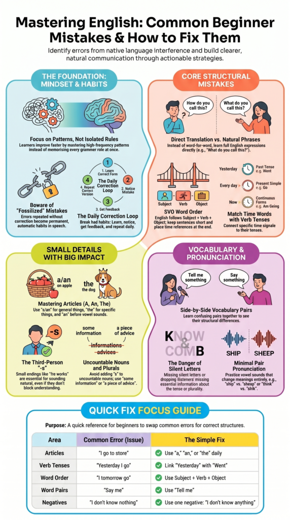 Infographic explaining common mistakes English beginners make with simple grammar and speaking fixes