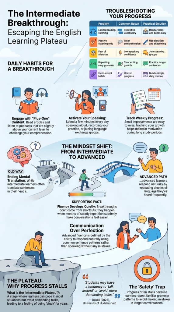 Intermediate English breakthroughs infographic with daily fluency habits and speaking practice tips