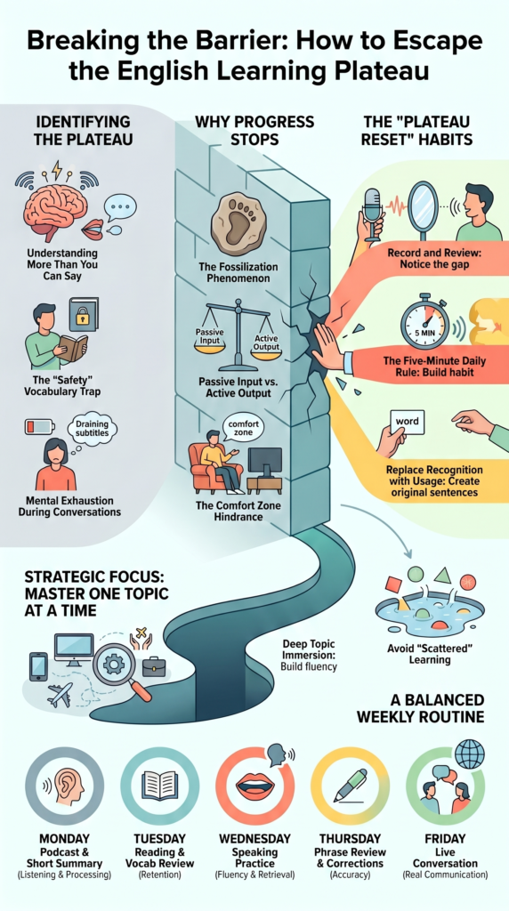 Infographic showing how to overcome English learning plateaus with active speaking and weekly routines