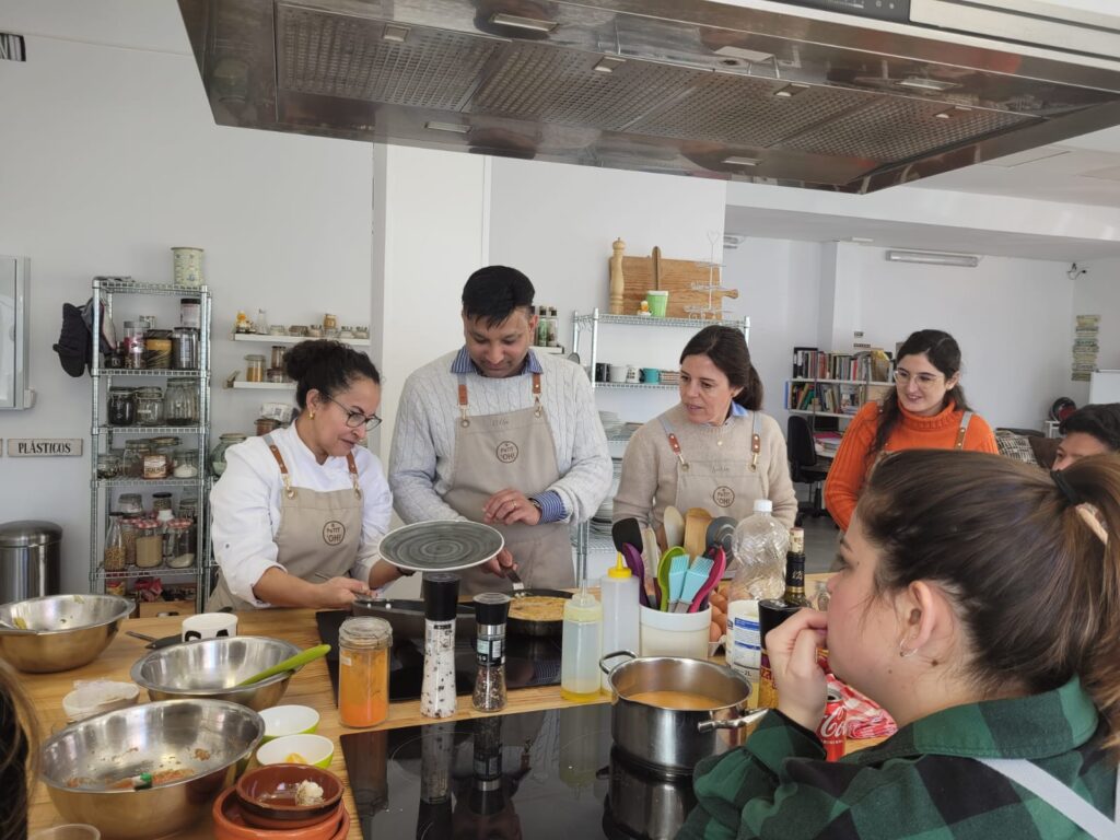 Group discussion using simple English conversation topics in a hands-on cooking lesson