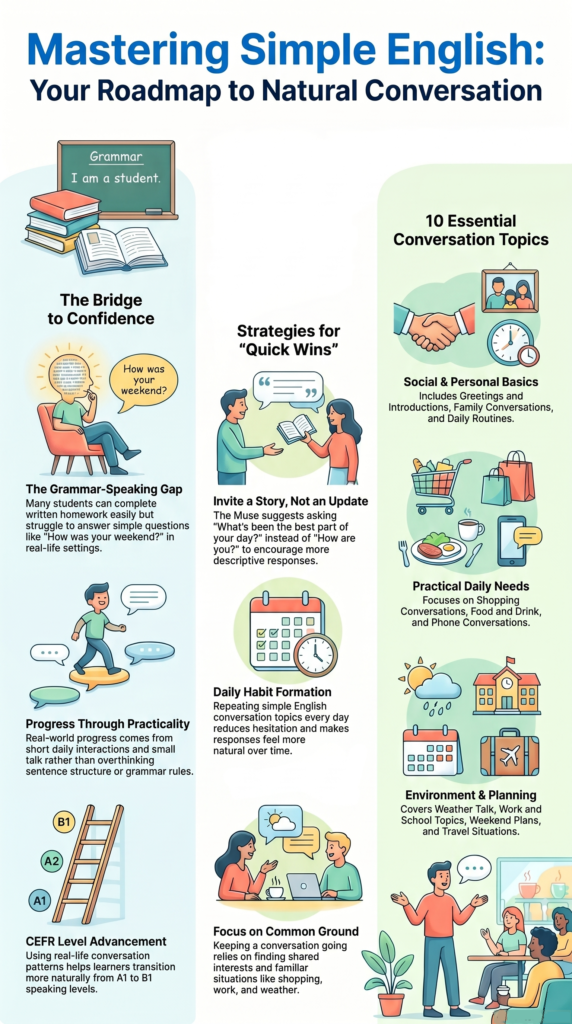 Simple English conversation topics infographic for beginners practicing daily speaking situations