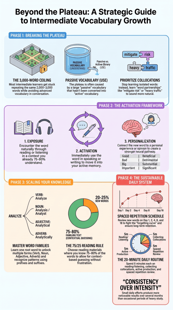 Infographic showing expanding vocabulary for intermediate students with daily learning habits.