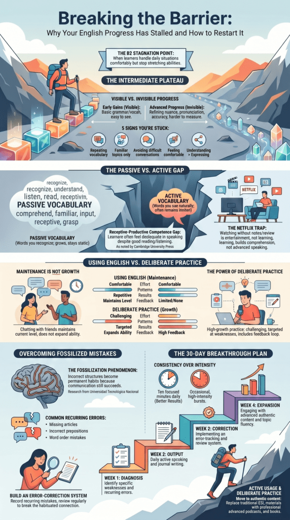 Visual guide showing challenges in moving from intermediate to advanced English.