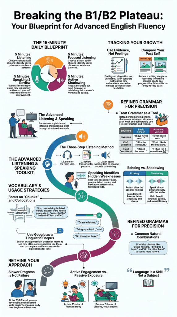 Infographic showing strategies for intermediate English learners to move beyond the B1/B2 plateau.