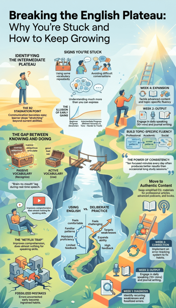 Infographic explaining why your english progress has stalled and practical ways to overcome learning plateaus.