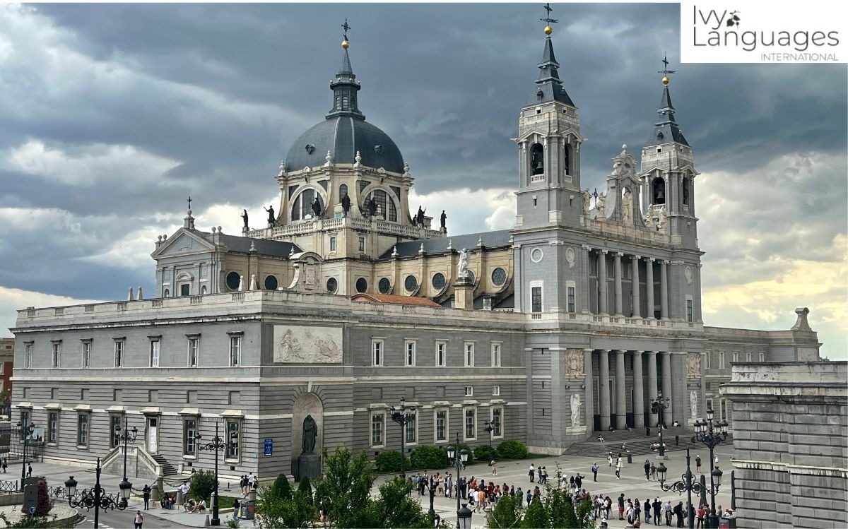 Advanced grammar for intermediate learners explored at Madrid's Almudena Cathedral language immersion tour