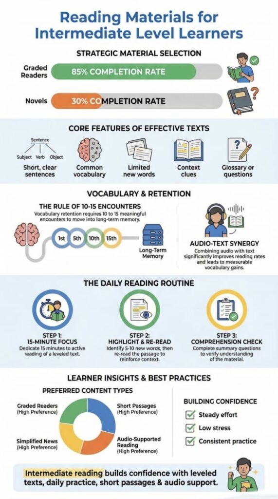 Infographic showing effective reading materials for intermediate level and daily reading habits 