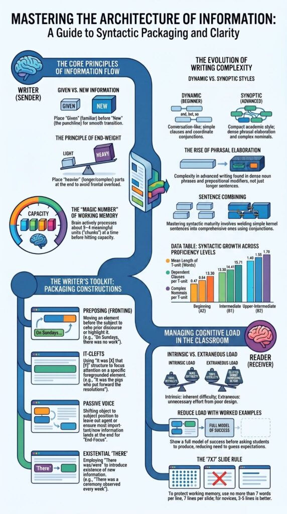 Advanced grammar for intermediate learners: syntactic packaging, information flow, and cognitive load infographic