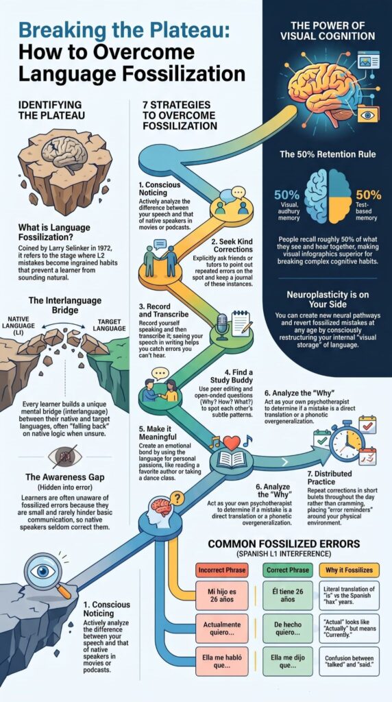Breaking language fossilization infographic with 7 strategies for achieving native level English proficiency and fluent speaking