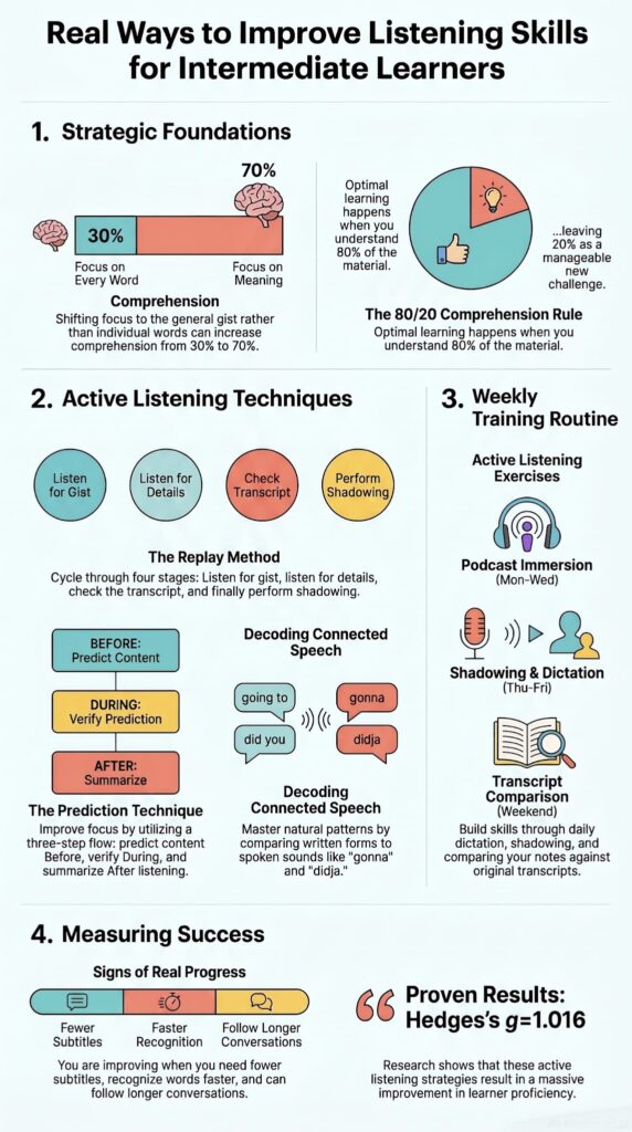 Infographic showing real ways of improving listening skills for intermediates using strategic techniques and weekly training routines.