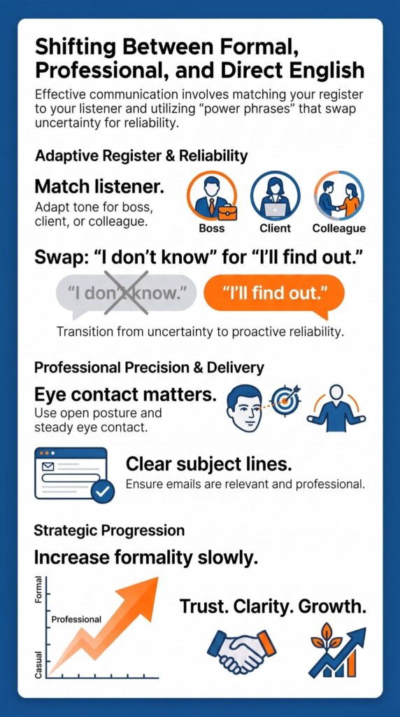 Advanced English vocabulary for professionals infographic on shifting between formal, professional, and direct English registers 