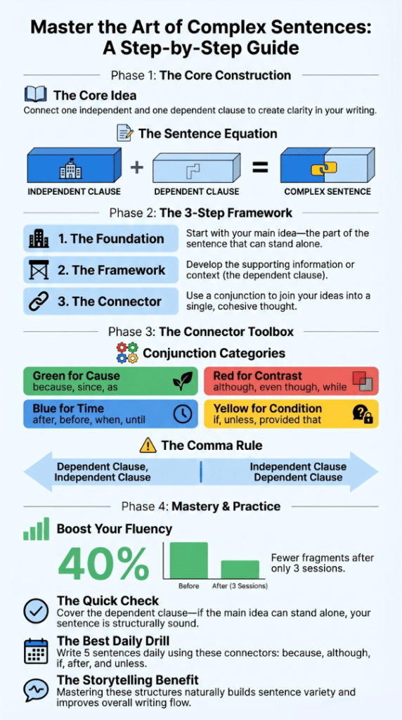 A visual guide for practicing complex sentence structures through phases, conjunction categories, and daily writing drills.