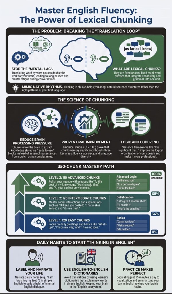 Master advanced English fluency via lexical chunking infographic covering thinking in English, collocations, and spaced repetition methods