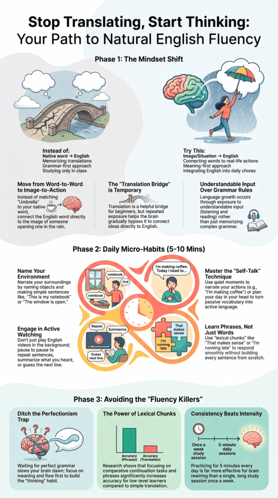 How to think in English naturally through self-talk and everyday English practice 