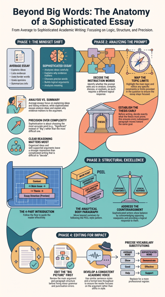 Infographic explaining strategies for writing sophisticated english essays